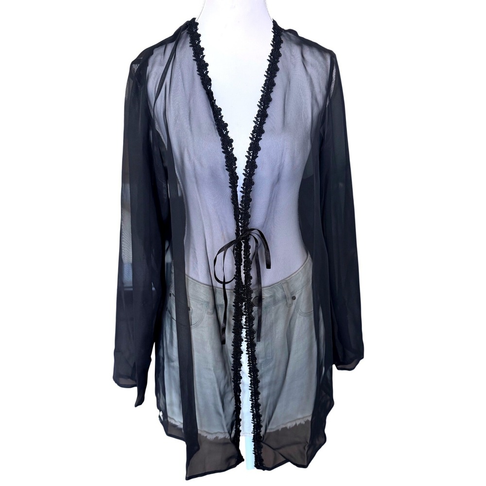 Fredericks of Hollywood Sheer Black Lace Trim Robe Ribbon Tie Coquette L/XL